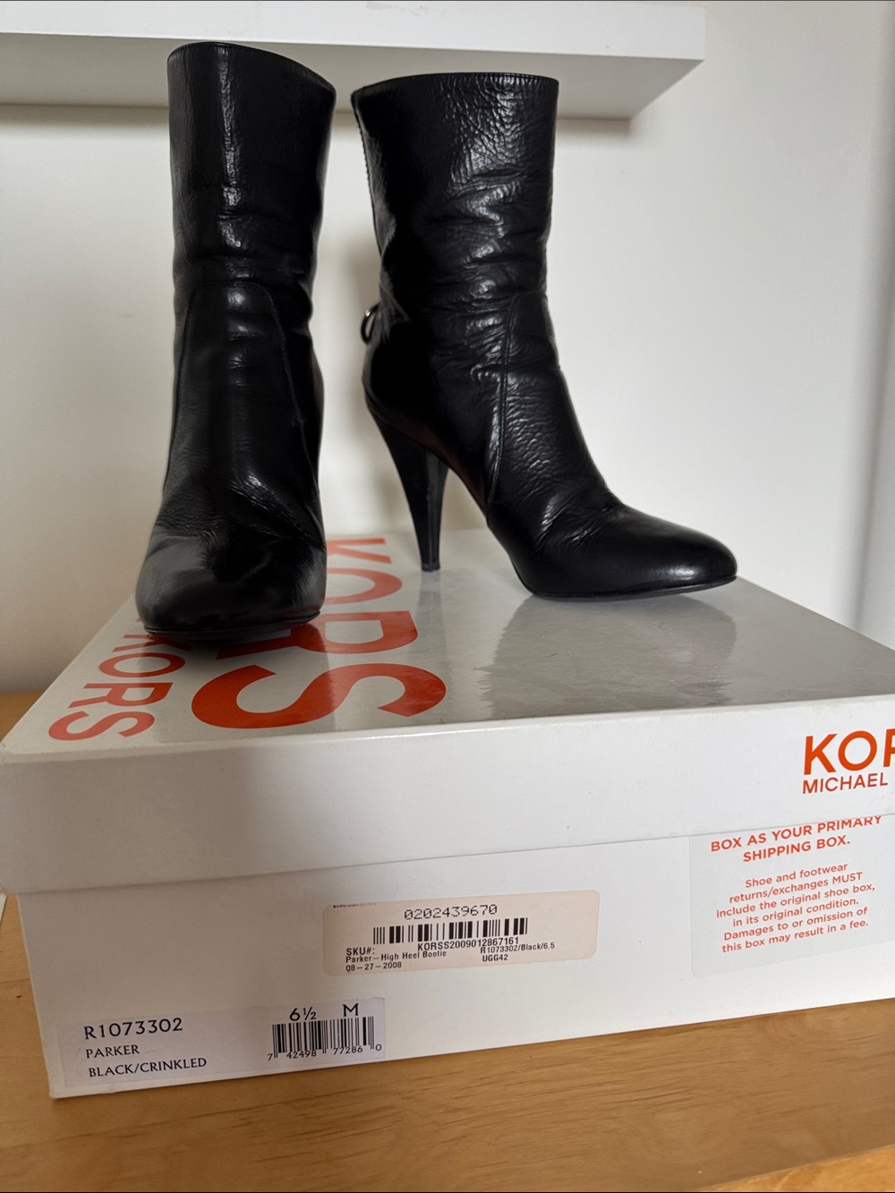 KORS Michael Kors Black Crinkled Leather Mid-Calf Heeled Boots
